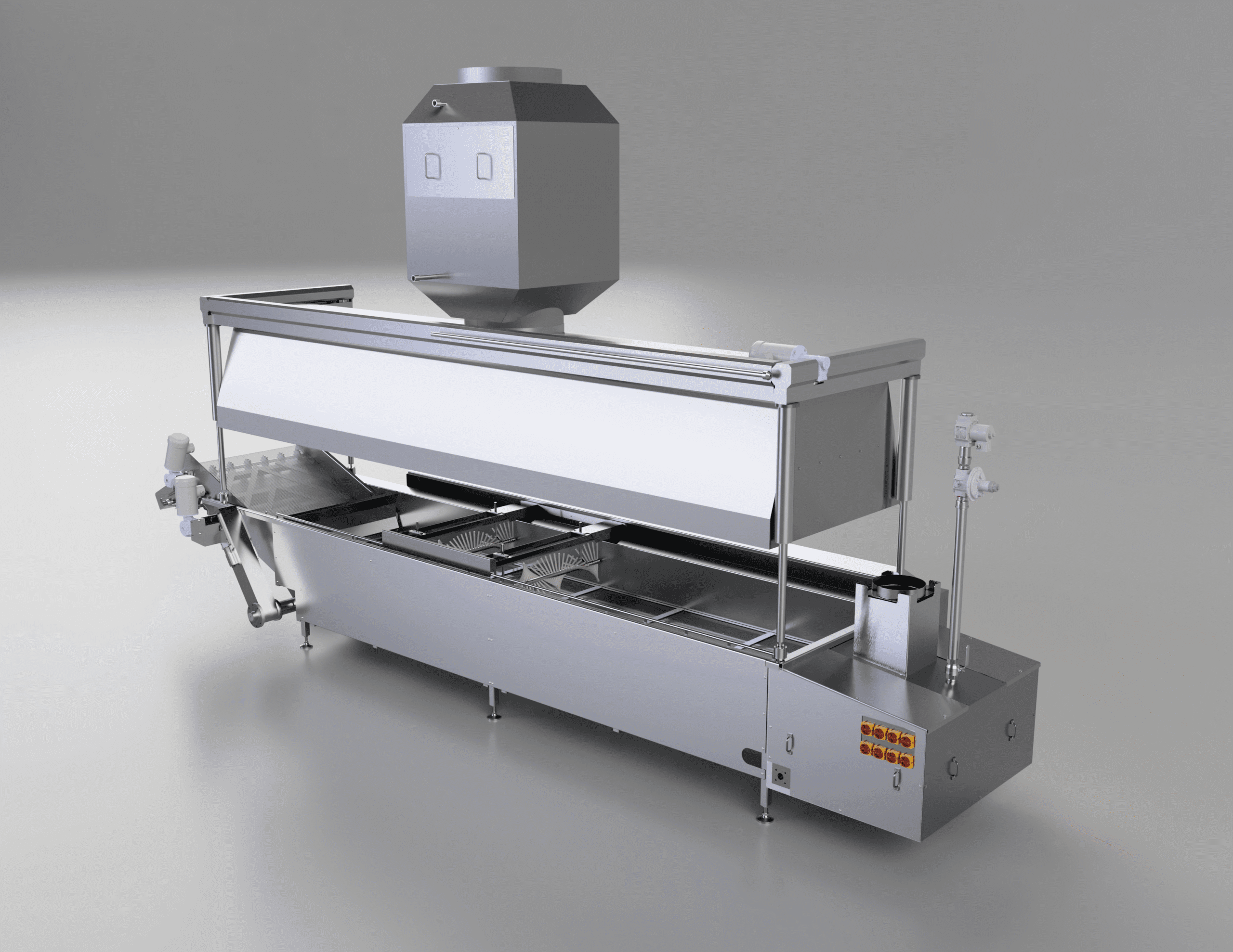 CAD rendering of a JDM batch fryer with exhaust hood and takeout conveyor