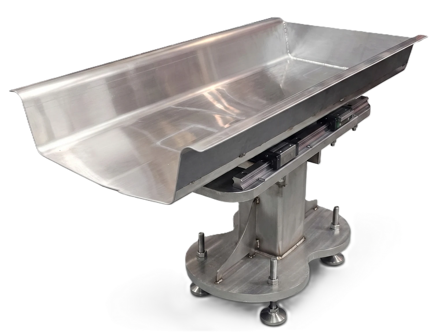 JD Manufacturing horizontal motion conveyor with a stainless steel pan, linear drive, and adjustable support feet